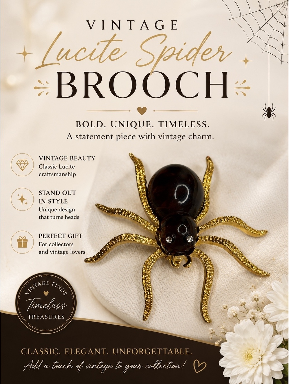 Vintage Lucite Spider Brooch with Gold Tone Legs and Rhinestone Eyes